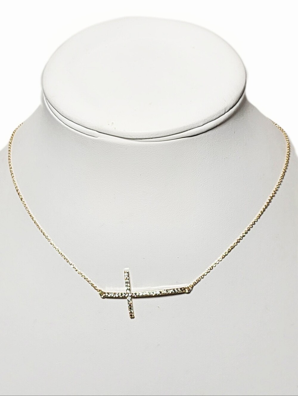 BEAUTIFUL Crystal Goldtone Sideways Cross Necklace NWOT